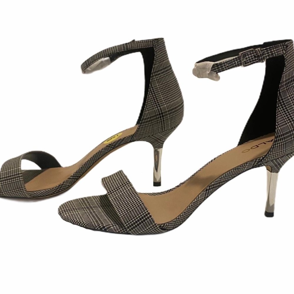 Aldo Black and White Plaid Ankle Strap Heels